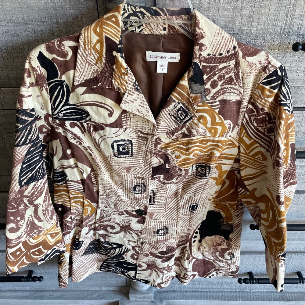Coldwater Creek Abstract Print Button-Front Blazer in Brown, Cream & Mustard